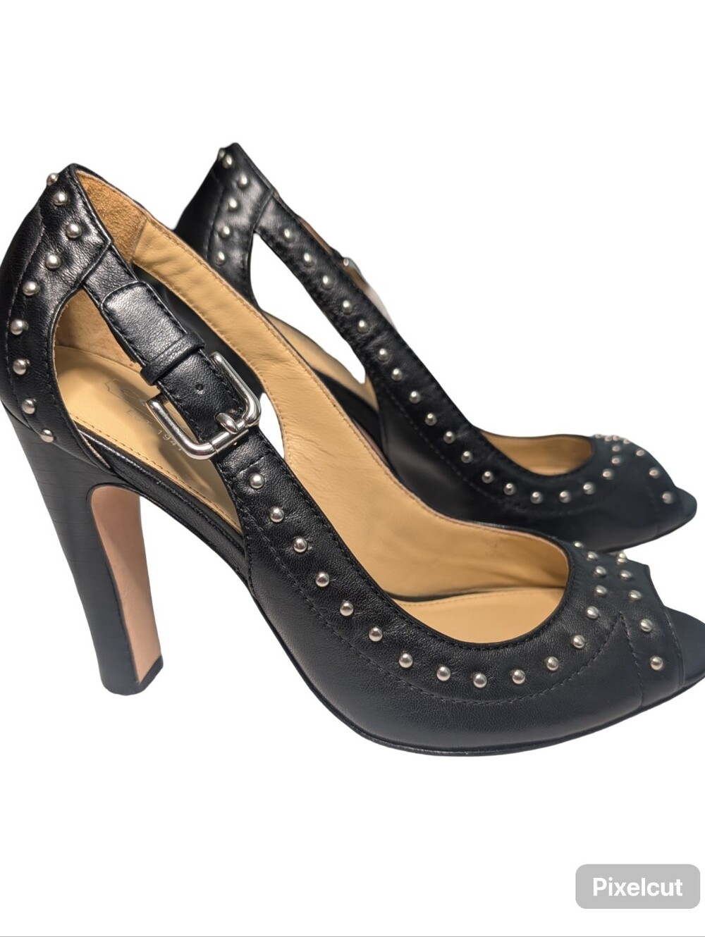 Coach Billie Black Leather Studded Peep-Toe Heels 7 - Picture 9 of 11